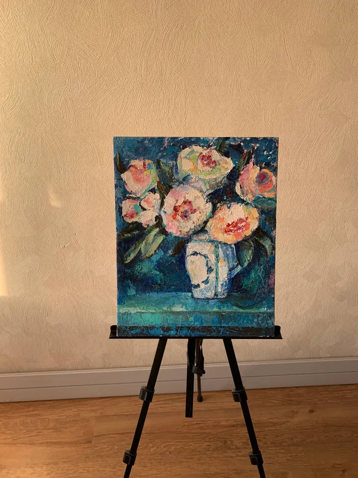 Peonies in vase impasto oil original painting fresco