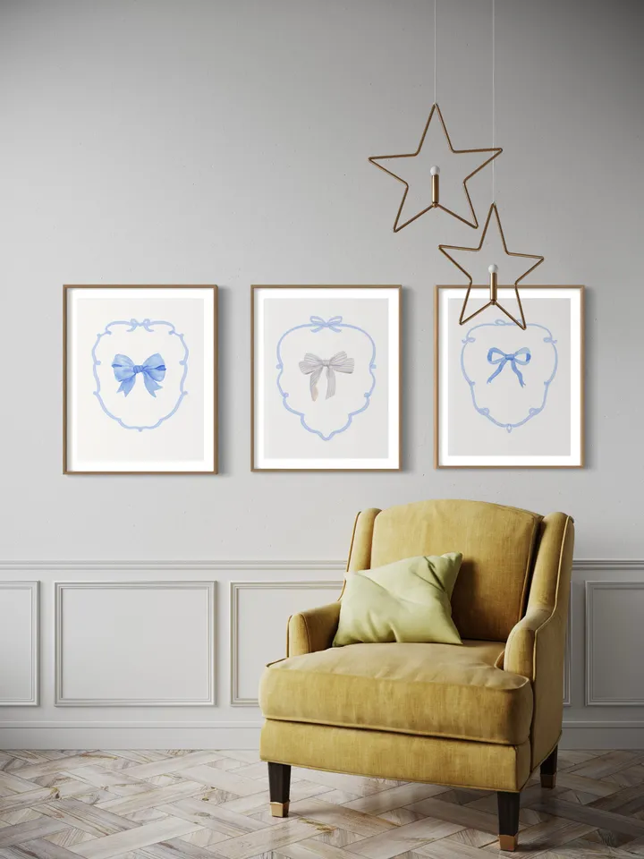 Blue Bow Set Of 3 Watercolor Painting, Nursery Wall Decor, Girls Room Decor, Boys Room Ideas, Coastal Cowgirl Art, Preppy Bow, Blue Girly