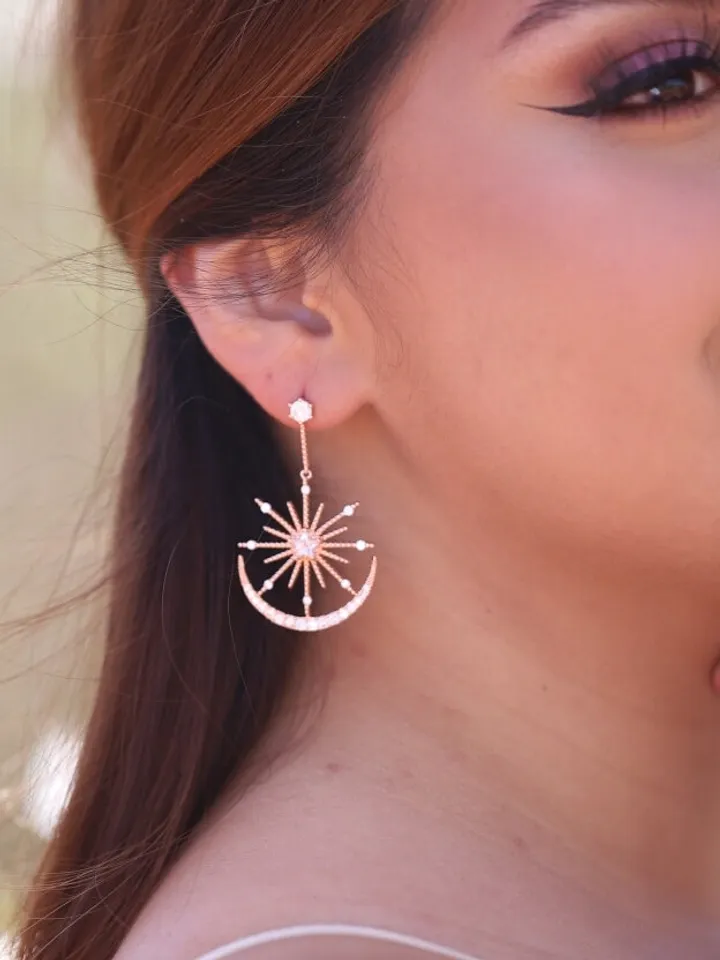 Big Size, Rose Gold Star and Moon Swarovski Wedding Earrings, Rose Gold Chandelier Statement Bridal Earrings, Celestial Boho Wedding Jewelry