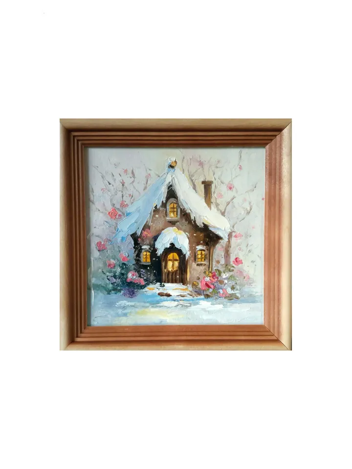 Winter Fantasy House Original Oil Fairy-tale Painting a Cute Christmas Gift.