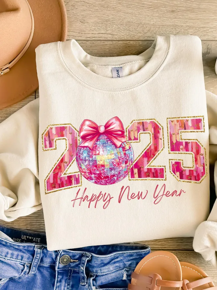 Happy New Year 2025 Png, Pink Coquette Bow Png, Retro New Years Png, Glitter Disco Ball Png, New Year New Me Png, Varsity Png, Brushstroke
