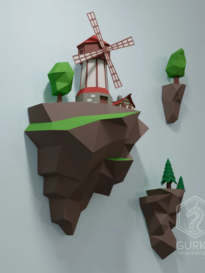 Papercraft Flying Island. Mill, Digital Template, PDF Download, Gurko, 3D Low Poly, Pepakura, DIY Origami Sculpture, Paper Decor, DIY Gift