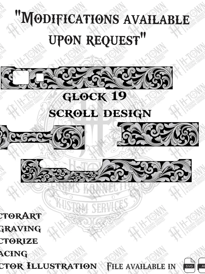 Glock 19 Engraving Scroll Vector | Ornamental Grip Design | Full Slide Svg Png AI EPS | Custom Laser Template