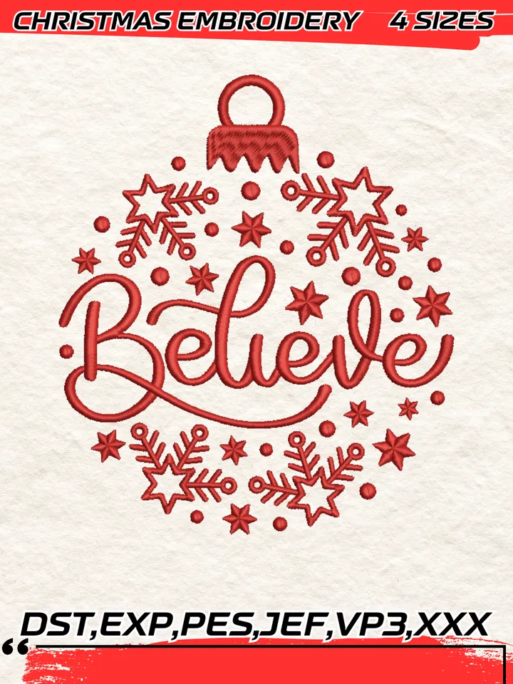 Christmas Believe Ornament Embroidery Design,Christmas Embroidery Design,4 Sizes, Digital Download