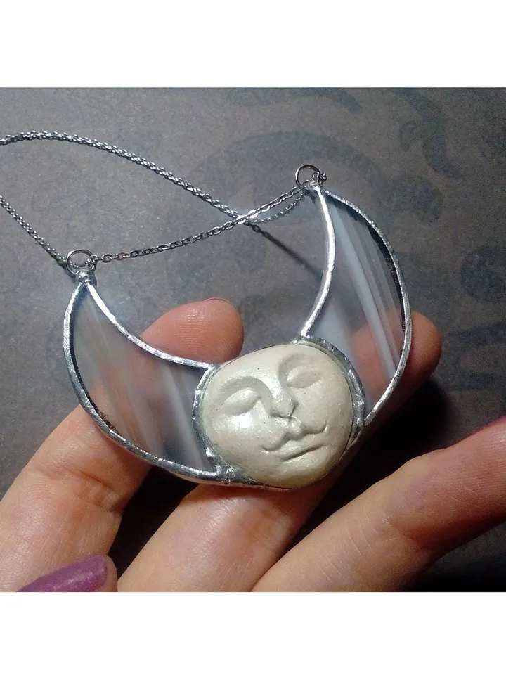 Stained glass moon, Moon Goddess, Moon phase necklace, Stainglass crescent, Full moon pendant, Moon face necklace