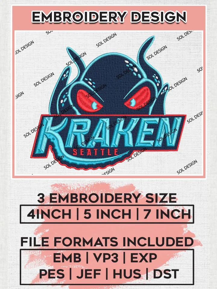 NHL Kraken Embroidery Files, NHL Seattle Kraken Mascot Machine Embroidery Designs, NHL Embroidery Designs, NHL Machine Embroidery Designs, Digital Download