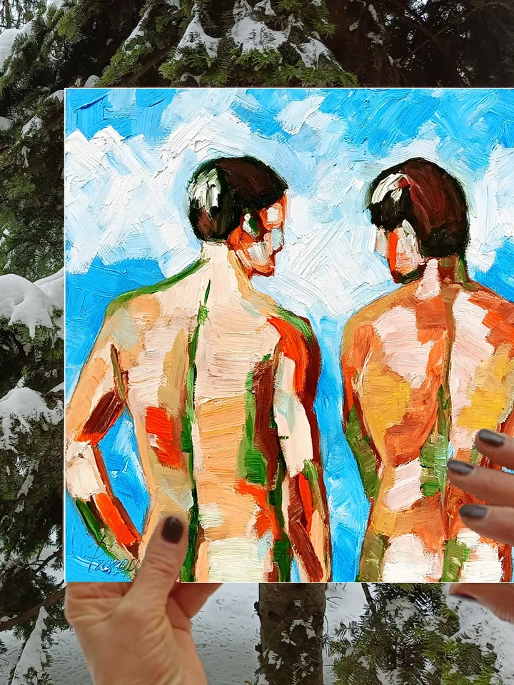 Two Male Bodies Impasto Oil Painting Gay Original Art Men's Friendship Artwork Gifts by ArtProkopaloSv