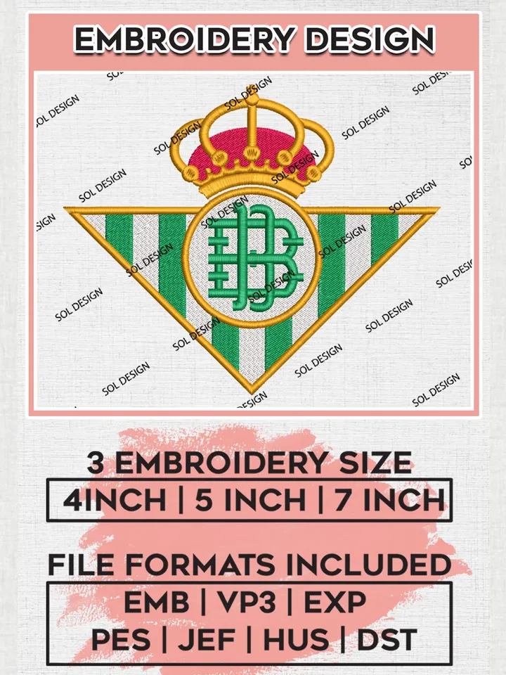 Real Betis Logo Embroidery Design, La Liga Embroidery files, La Liga Real Betis Teams, Football, Digital Download