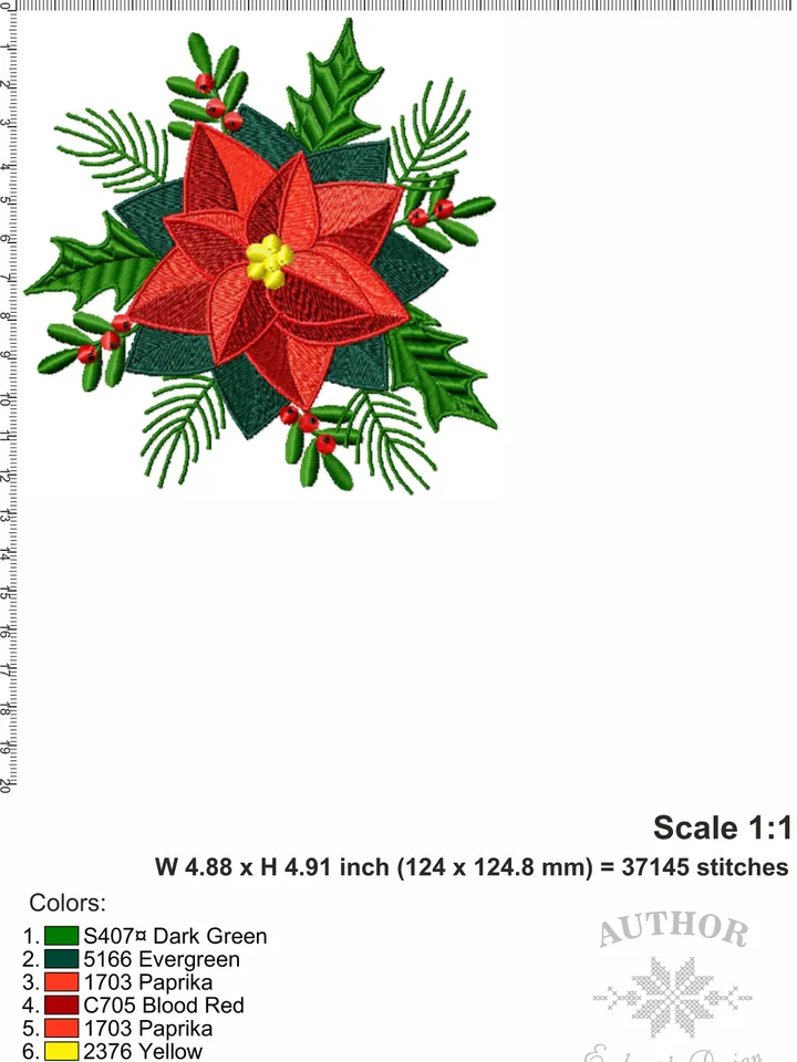 Christmas Poinsettia embroidery design Machine embroidery pattern 7 sizes, Christmas embroidery file, Red flower Poinsettia pattern #R3