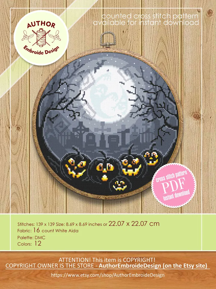 Scary Halloween cross stitch pattern download PDF, Full moon cross stitch chart, Halloween pumpkin cross stitch, Graveyard embroidery #H41