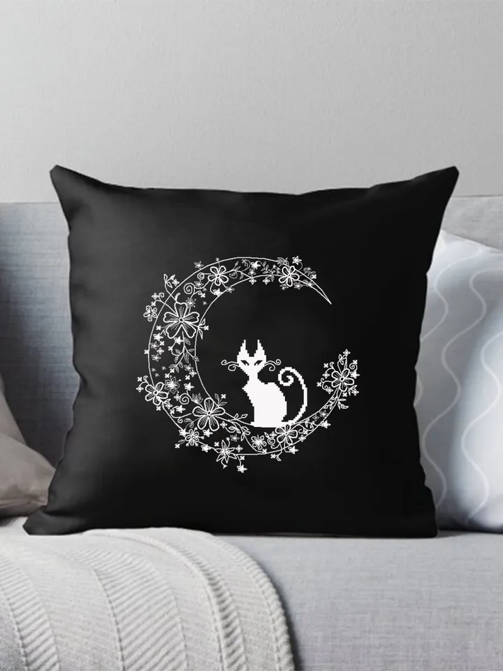 Cat blackwork pattern PDF Crescent moon Backstitch chart, Funny Black cat cross stitch, Flower moon blackwork embroidery download PDF #W4