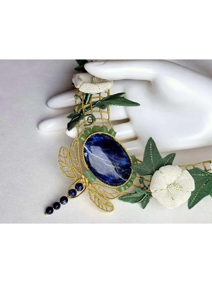 Art Nouveau Necklace with Flowers, Sodalite, and Dragonfly