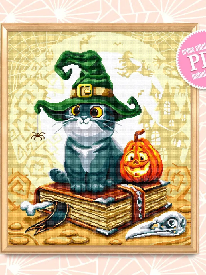 Halloween witch cat cross stitch pattern PDF download Cute cat in the hat cross stitch chart, Halloween pattern digital PDF, Witch hat #H25
