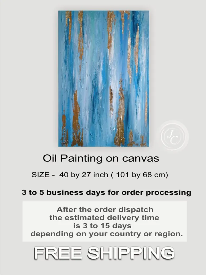 Blue Turquoise and Gold Abstract Wall Art Modern Original Oil Painting on Canvas