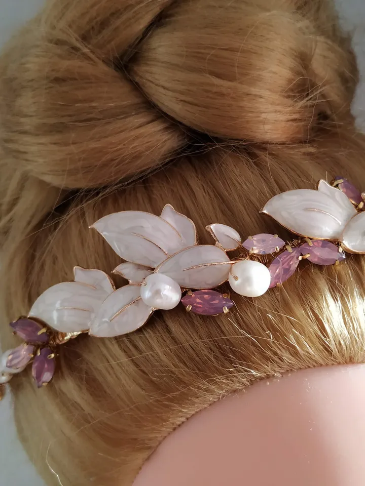Freshwater pearl Purple Opal Wedding Headband and Earrings Jewelry Set, Grecian Style Laurel Bridal Tiara, Gold Wedding Crown, Boho Jewelry