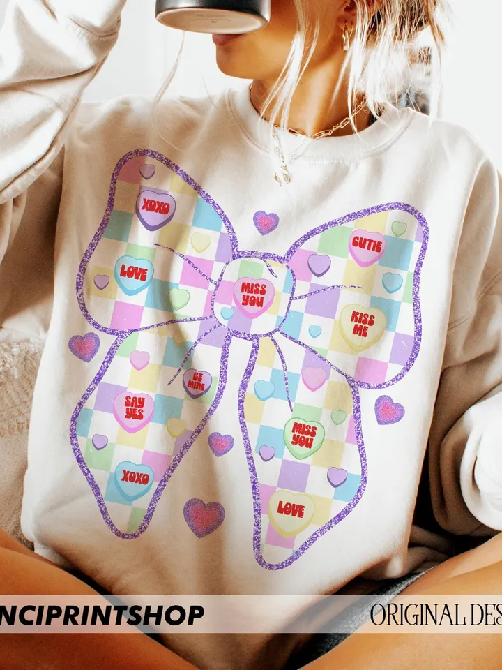Valentines Candy Heart Bow png, Valentines Coquette Bow png, Cute Valentines png, Valentines Day png, Valentines Shirt png, Coquette bow png