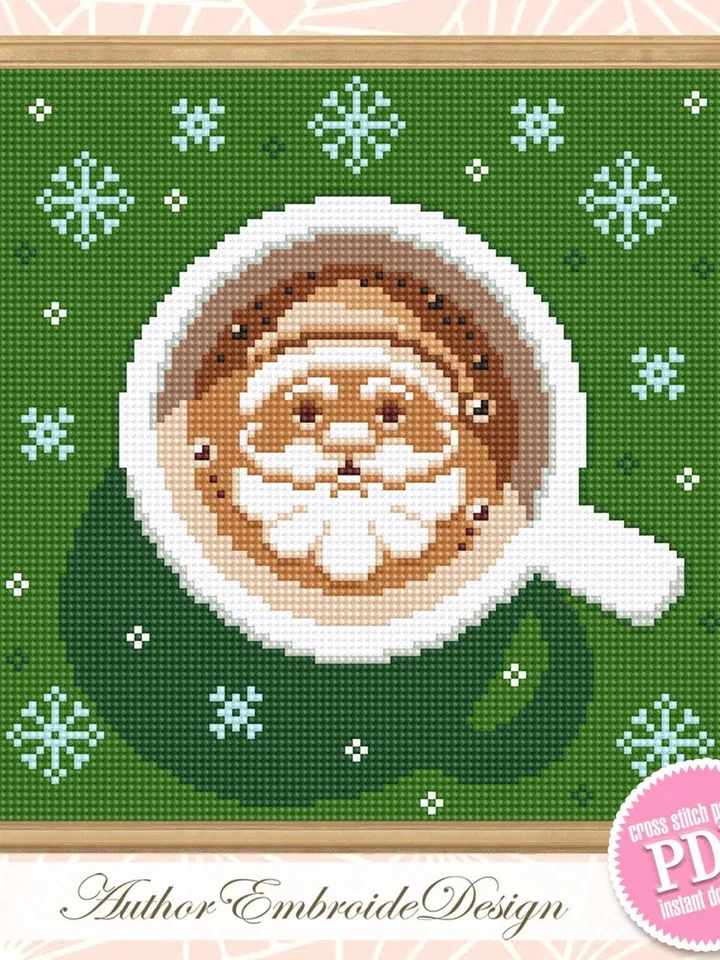 Christmas coffee cross stitch pattern PDF download Christmas cross stitch chart, Cup of latte cappuccino coffee with Santa pattern #N145