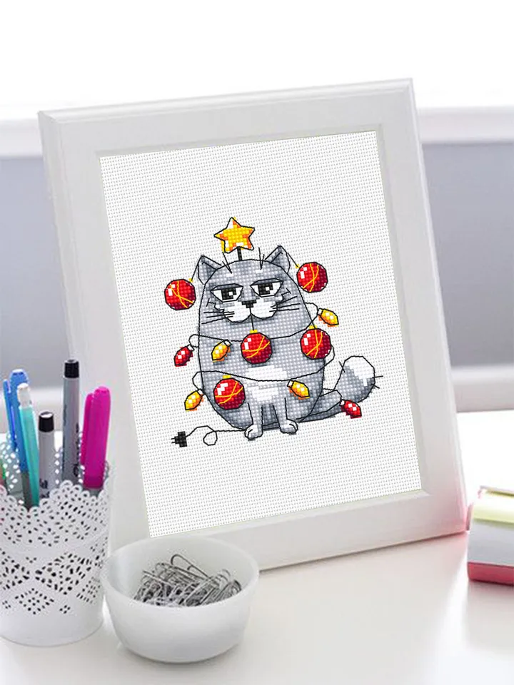 Funny Christmas cat cross stitch pattern PDF download, Small Christmas cross stitch chart, Christmas Lights Cat pattern digital PDF #N139