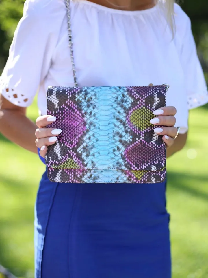 Genuine Python Skin Multicolor Flat Crossbody Bag | Exotic Leather Bags | Summer Bags | Classy Leather Women Handmade Bags | Leather Purse