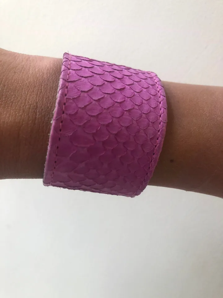 Pink Genuine Python Skin Bracelet | Wide leather women bracelet | Buttoned flat women bracelet | woman summer accesoiries | snake bracelet