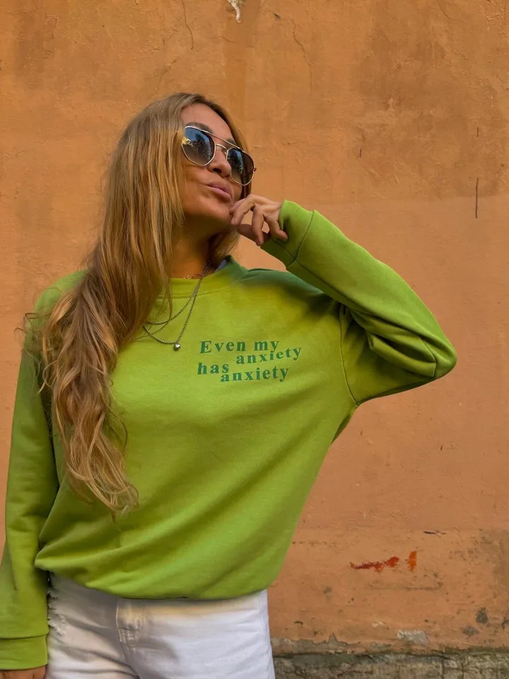Bright Green Designer Sweatshirt with anxiety print| Funny Sweater | Longsleeve with print | Casual Sweater | Loungewear Sport Wear