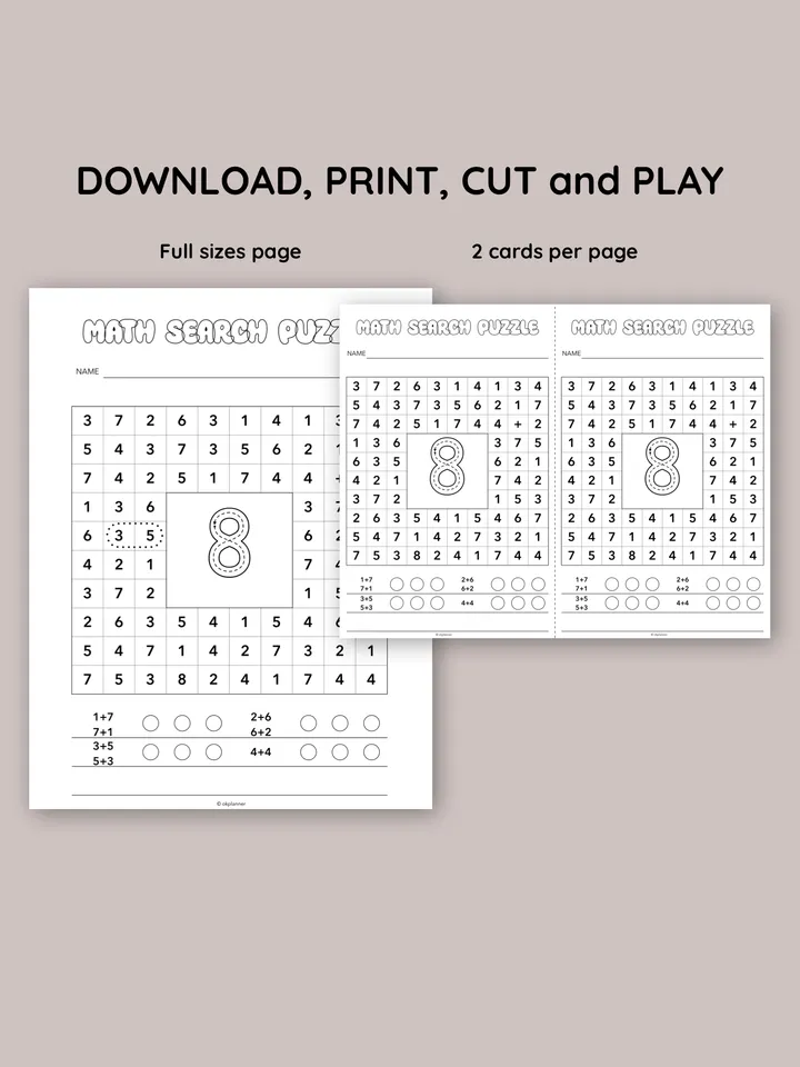 Fun Math Search Puzzle for Kids. Classroom math games. Homeschooling math tools. Math search activity. Number puzzle for kids. Focus and attention game. Printable math games.