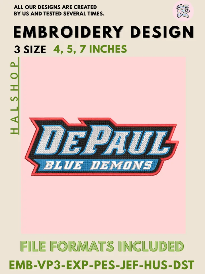 DePaul Blue Demons College Logo Embroidery Design – NCAA Team Digital Embroidery File 🔵✨