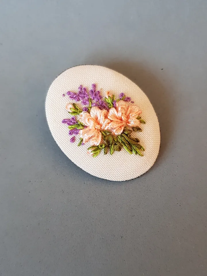 Ribbon embroidered brooch for her, hand embroidery jewelry, art.35