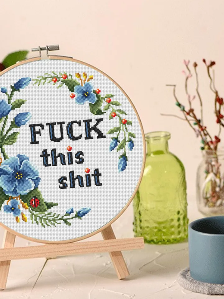 Framed quote Fuck This Shit cross stitch pattern download PDF Flower wreath cross stitch chart, Funny adult cross stitch DIY home decor #Q14