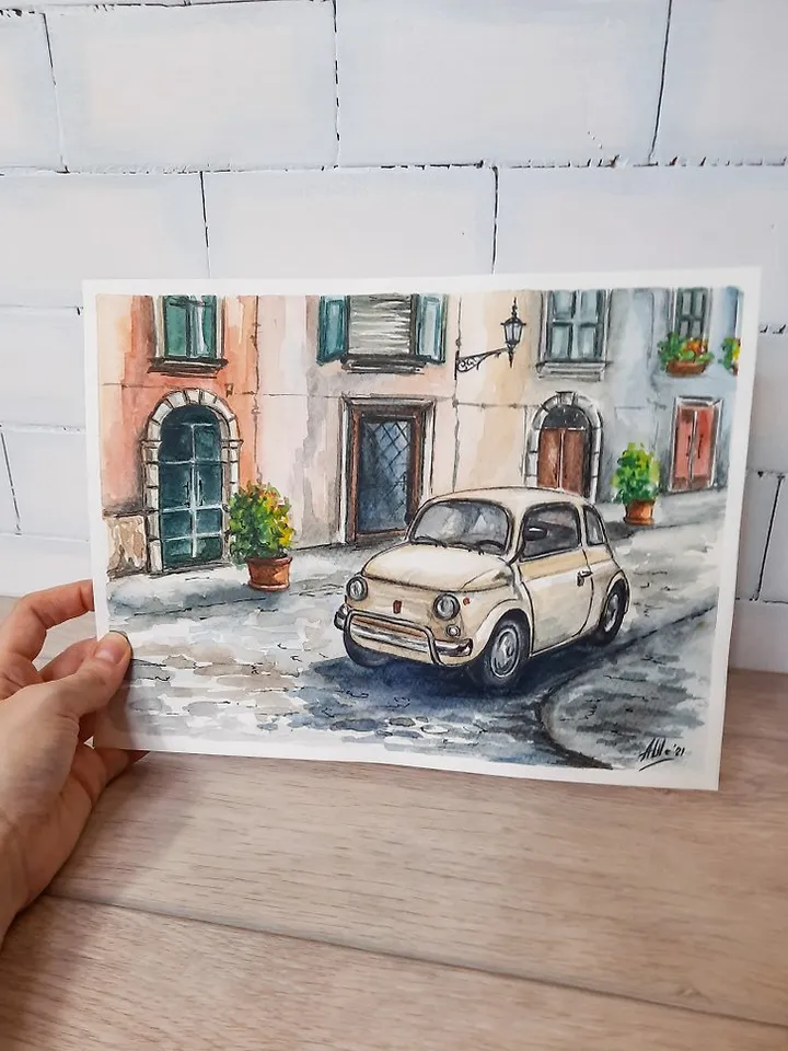 Watercolor painting Car painting Landscape Italy Cityscape Original painting