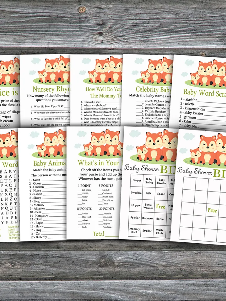 Fox baby shower games bundle,Woodland Baby Shower games package,Fun Baby Shower Games,9 Printable Games-295