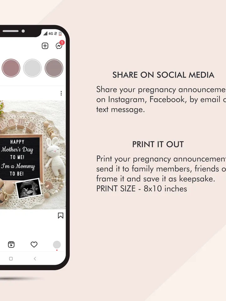 Mother's day Pregnancy Announcement Digital, Mother's Day Baby Announcement, Editable Template for Social Media