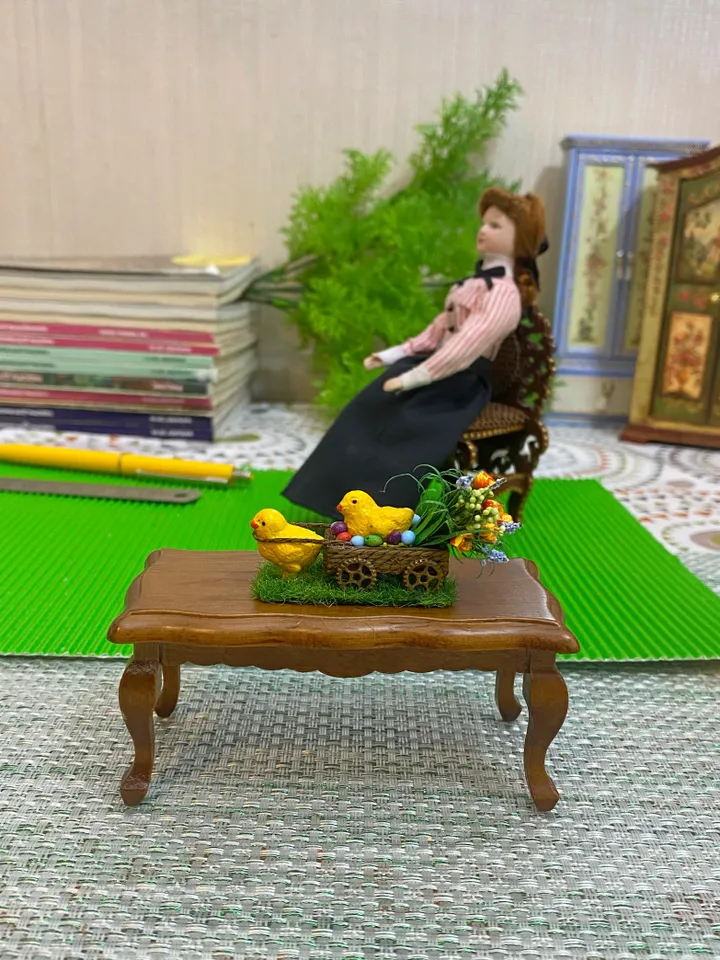 Easter miniature. Two chickens with a cart and a bouquet of flowers.1:12