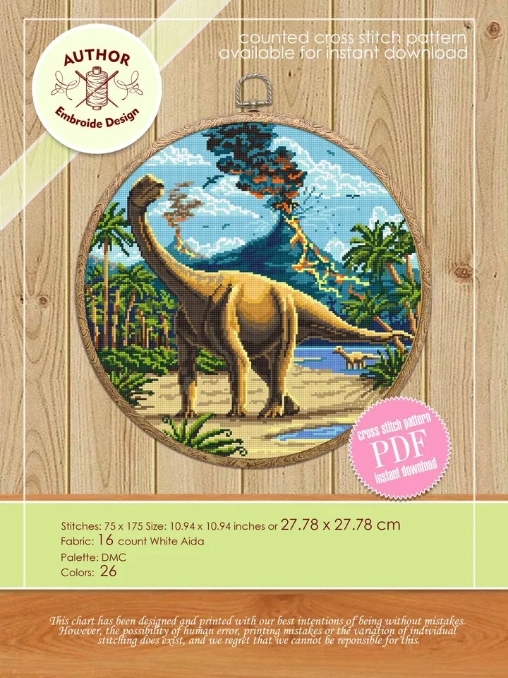 Dinosaur cross stitch pattern download PDF, Ancient animal cross stitch chart, Nature landscape cross stitch, Dinosaur world embroidery #D1
