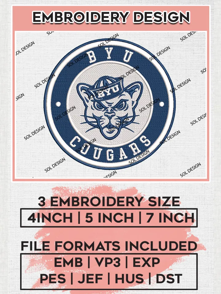 NCAA BYU Cougars Round Logo Embroidery, NCAA BYU Cougars Logo Embroidery files, NCAA Teams, Machine embroidery designs, Digital Download