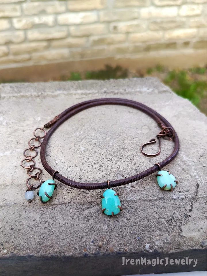 Chrysoprase Boho Necklace in Copper Wrap