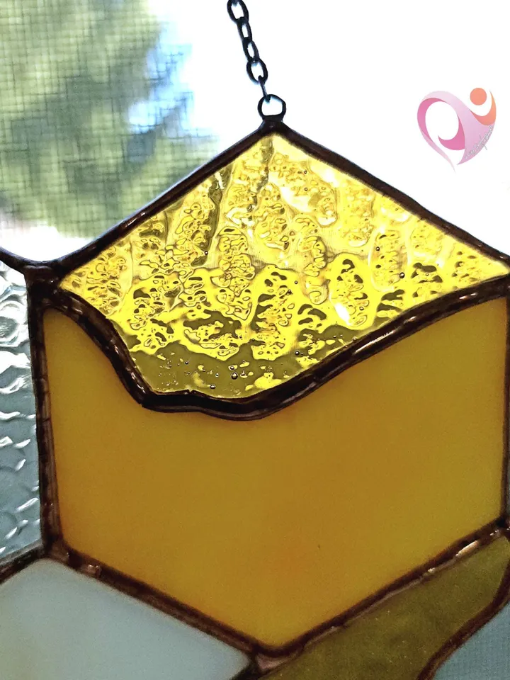 Real Stained Glass Honeycomb Suncatcher with Bee on Heart-Shaped Drippy Honeycomb with Glass Honey Drop Unique Gift for Bee Lover