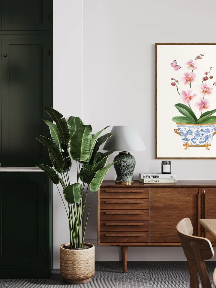 Chinoiserie Vase Orchid Watercolor Painting, Ginger Jar, Blue And White Jar, Pink Flower In Vase, Vintage Chinoiserie, Pagoda Art Print