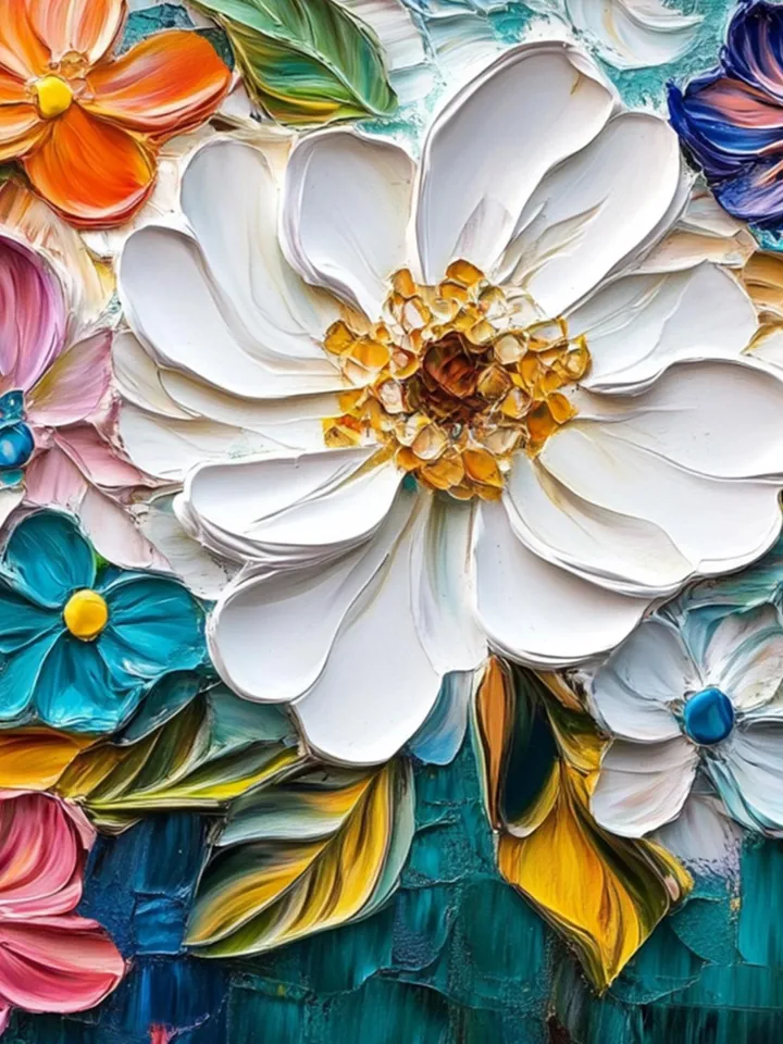 Large Impasto Floral Painting, Textured Colorful Flower Artwork, 3D Thick Paint Palette Knife Original Art, Abstract Flower Bouquet Painting