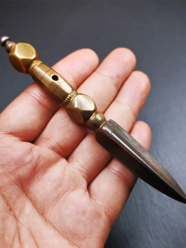 Gandhanra Handmade Tibetan Buddhist Ritual Implement - Kila -Dorje Phurba,Made of Cold Iron inlaid with Brass,5.1"