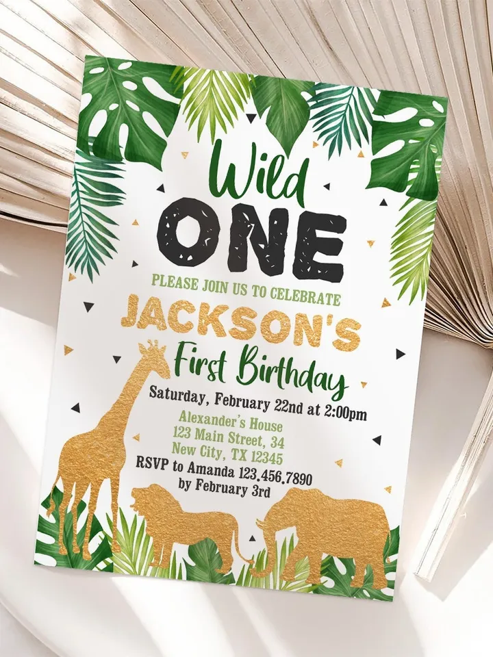 Safari Gold Birthday invitation, EDITABLE Jungle wild one Invitations, Boy 1st Birthday Invites Instant download Printable template