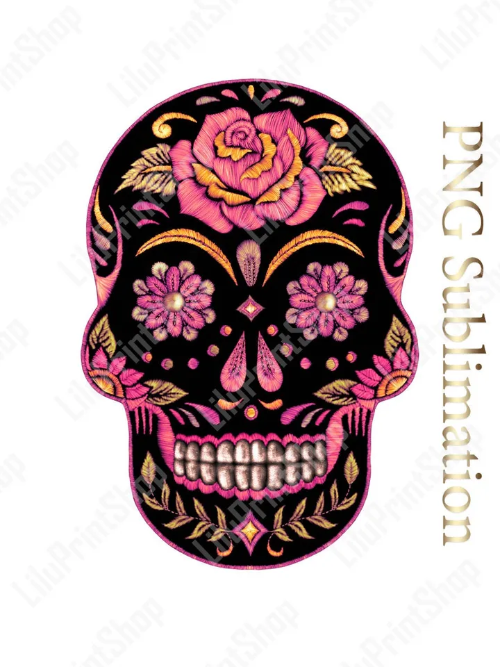 Sugar Skull sublimation png Candy Skull clipart of Faux embroidery Faux Applique Day of the dead Dia de los muertos Sugar Skull png clipart