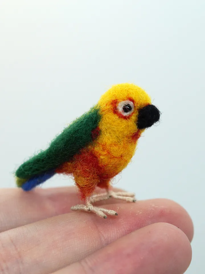 Miniature needle felted Jenday Conure, miniature parakeet, tiny parrot, made to order