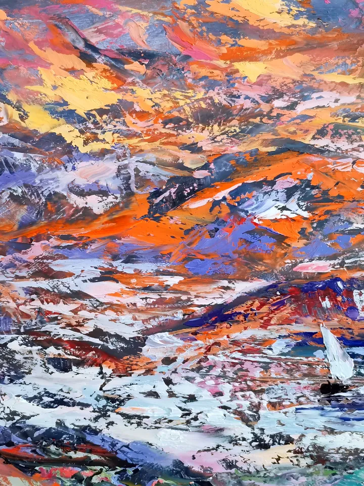 Sailboat Mountain Flowers Sunset Original Art Oil Painting Artist Svinar Oksana