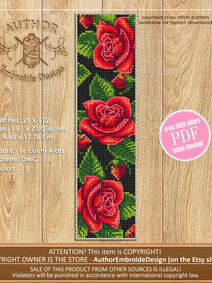 Flower bookmark cross stitch pattern PDF download Red rose cross stitch chart, Handmade bookmark digital PDF, Cute bookmark for women #B213