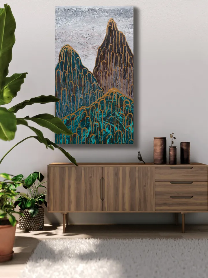 Green Mountains wall art | Elegance, a captivating modern abstract painting depicting majestic mountains | Gold Effect Acrylic Art on Canvas 40x70 cm | Handmade Artwork