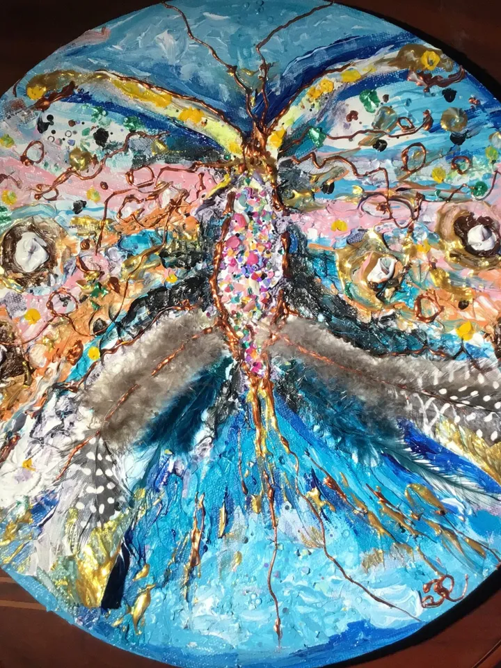 Abstract butterfly mix media painting on round canvas,original artwork,oil,acrylic feathers and beads decorated,unique home decoration ,gift