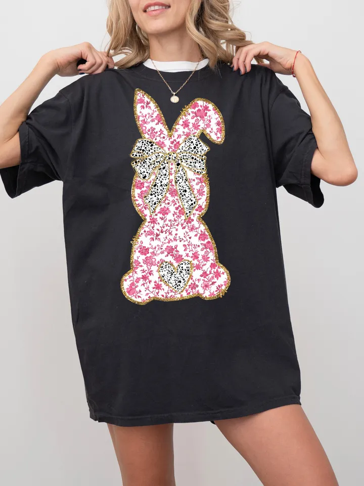 Glitter Easter Bunny Coquette PNG | Easter Day Png | Happy Easter Png, Grand Millennial Easter, Chinoiserie Bunny Pink Floral, Trendy Easter