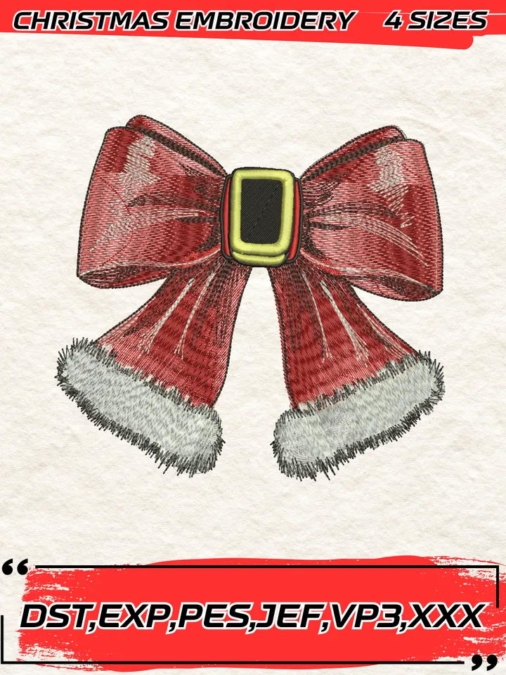 Christmas Santa Bow Embroidery Design,Christmas Embroidery Design,4 Sizes, Digital Download