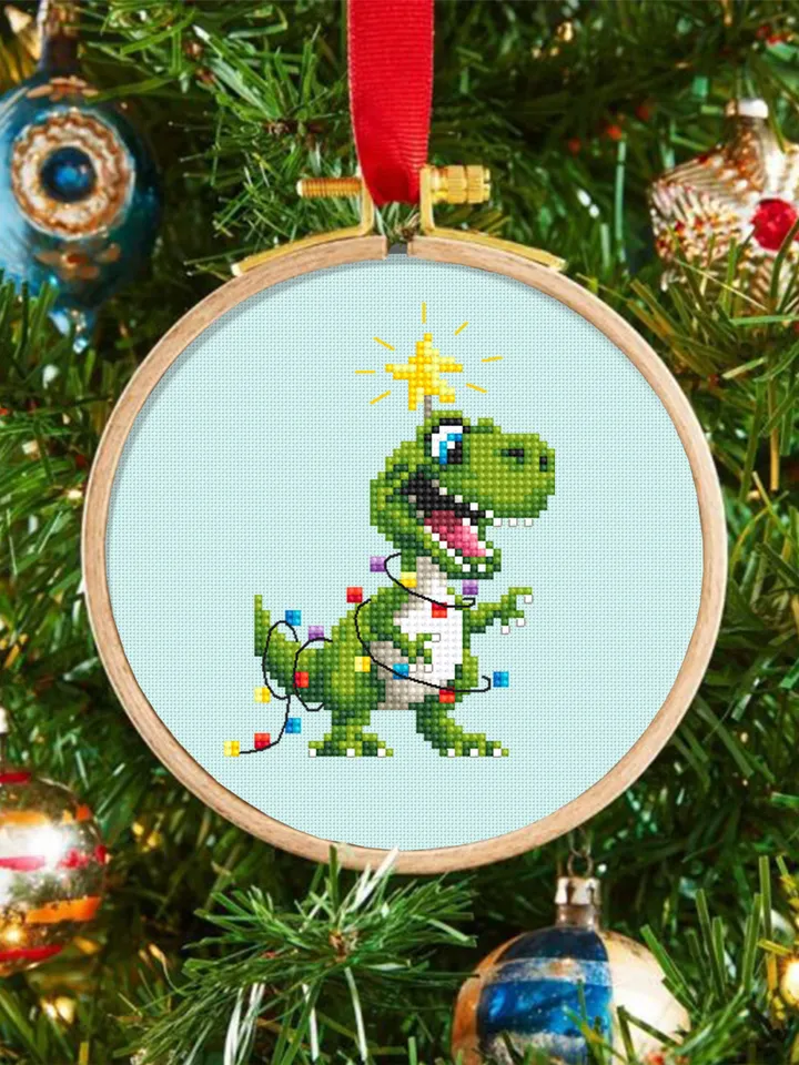 Funny dinosaur christmas cross stitch pattern PDF download, Set of 2 small dinosaur cross stitch chart, Cute dino pattern digital PDF #N112